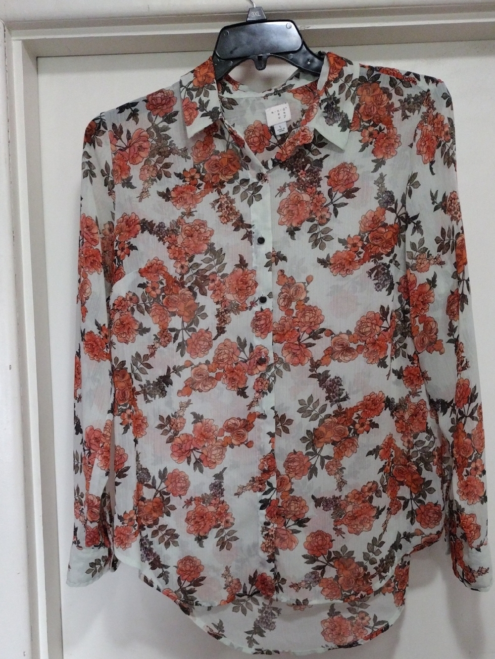 Floral Button-Front Long-Sleeve Cottage Garden Blouse - Orange Floral Large
